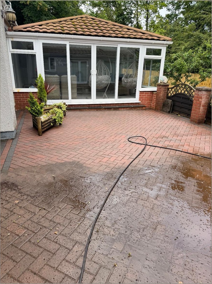 Block paving driveway before and after pressure washing by JPE Cleaning Services in South Wales