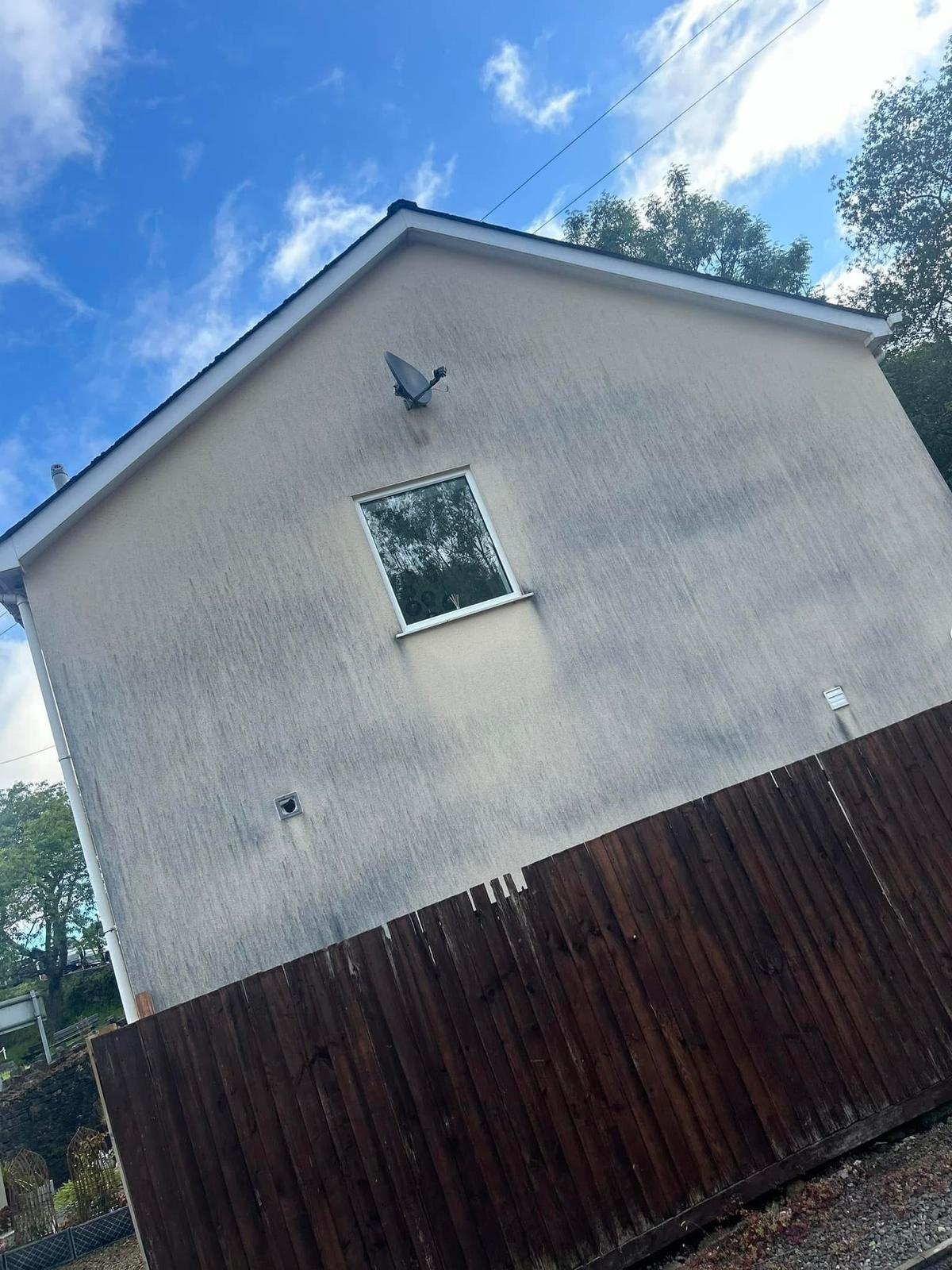 Algae-stained K-Rend render before softwashing in South Wales